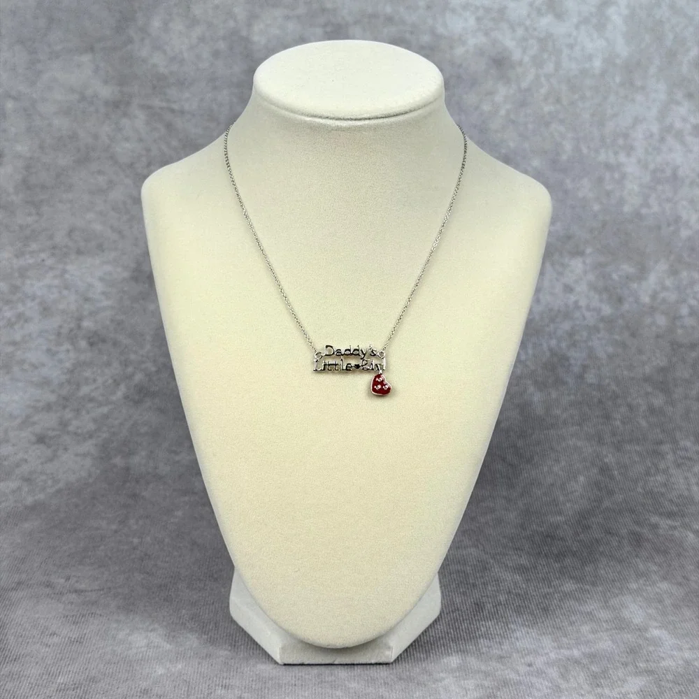 Daddy's Little Girl Necklace Silver Tone Red Heart Enamel Crystal Charm Kids